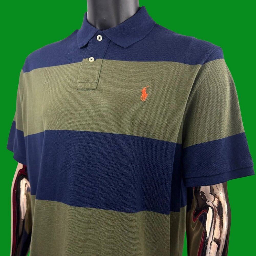 Vintage Polo Ralph Lauren Classic Fit Striped Mesh Polo Shirt Navy Blue & Olive